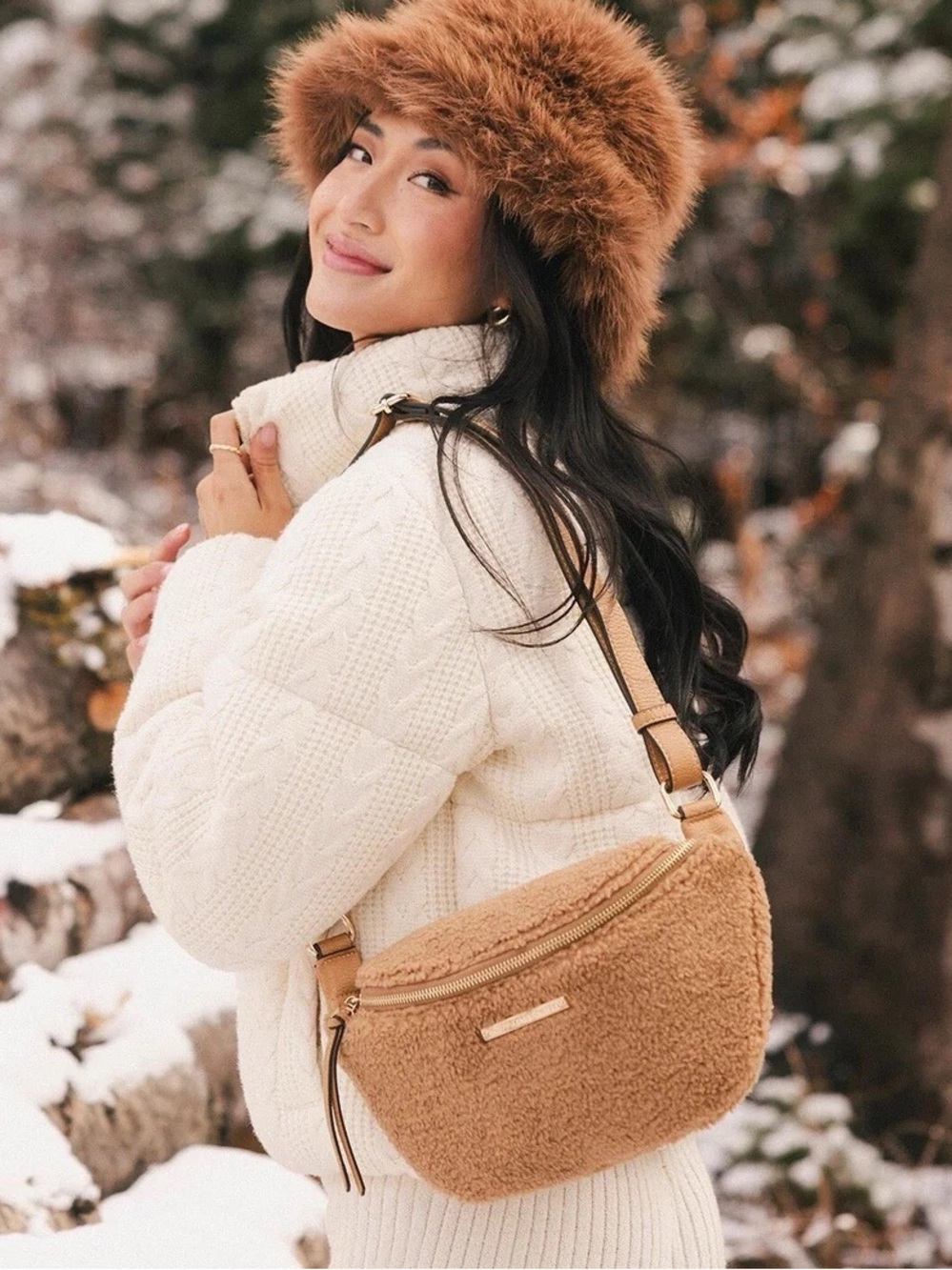 POPPY & PEONIES The Sidekick Brown Camel Teddy Sherpa Crossbody Purse